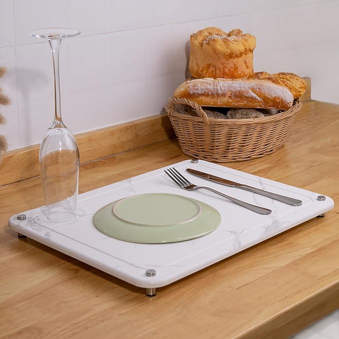 Stone Drying Mat for Kitchen Counter 15.7"x11.8" Marble White, Quick Dry Stone Dish Drying Mat with Legs, Drying Stone for Kitchen Counter Fits Various Dish Racks, Zero Rust Dish Drying Stone