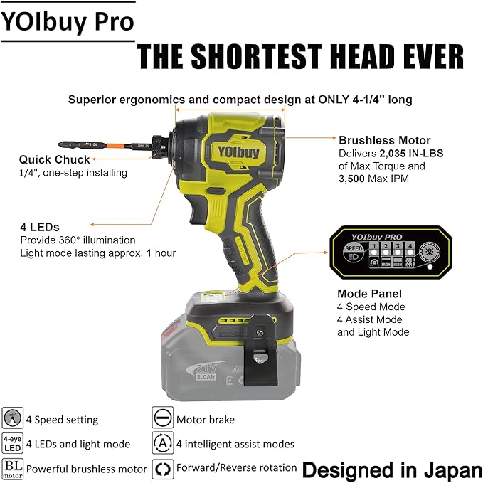 YOIbuy Cordless Impact Driver (Tool Only), Ultral short head, Mega power, Compatible with Dewalt 20V Batteries, 1/4"Brushless impact dirver with 4-Speed Settings, Smart-Mode, LED Light (RED)