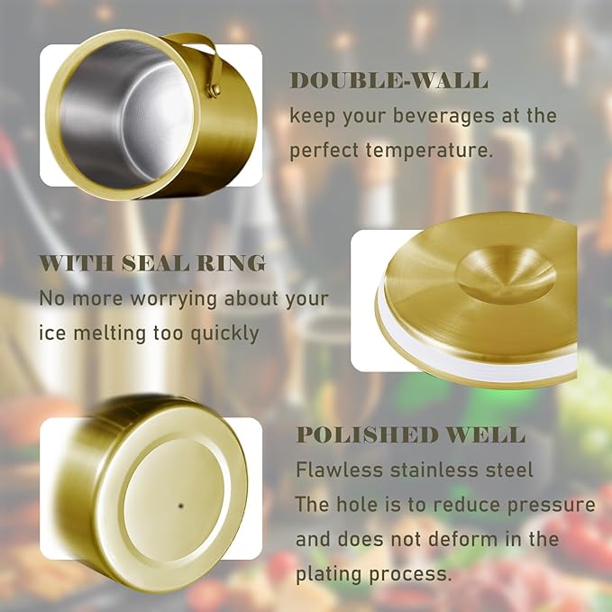 Gold Ice Bucket with Lid, Handle and Tong Insulated Stainless Steel Champagne Bucket 3L Wine Bucket for Party Bar Cart Accessories Large Double Wall Bucket Keep Frozen