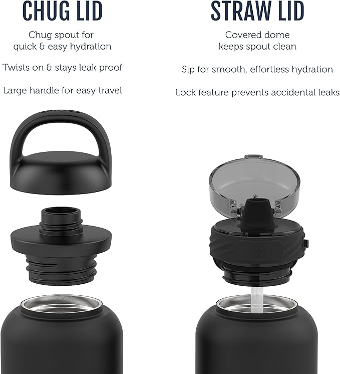 Ello Cooper 32oz Stainless Steel Water Bottle with 2 Lids Chug and Straw | Leak Proof | Double Walled and Vacuum Insulated | Built in Carry Loop | Dishwasher Safe | Black