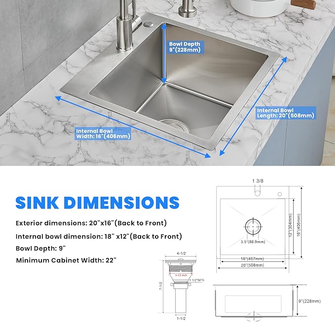 POPFLY 20×16 inch Drop In Kitchen Sink, 304 Stainless Steel Overmount Single Bowl Small Prep Bar Sink, 18 Gauge Top mount Handmade Deep Kitchen Sinks with 2 Holes, Brushed