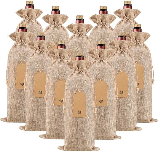Homum 24Pcs Premium Burlap Wine Bags and 12Pcs Gift Tags, Reusable Wine Gift Bags with Drawstrings, Wine Bottle Bags, Wine Bags for Wedding, Birthday, Blind Tastings, Christmas,Party, Home Storage