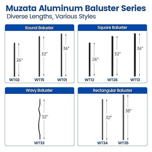 Muzata 50Pack 32" x3/4" Aluminum Deck Balusters Square Baluster Deck Railing Black Hollow Spindles with Screws for Railing Fencing Porch WT26