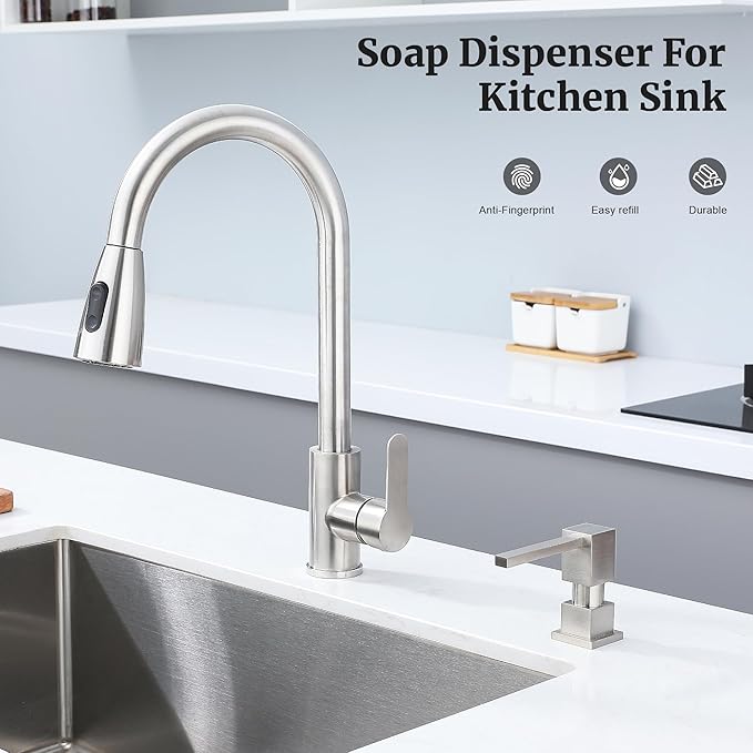 Sink Soap Dispenser for Kitchen Sink Brushed Nickel, All Brass Built-in and Refill from Top Design,Metal Hand Soap & Dish Soap Copper Pump