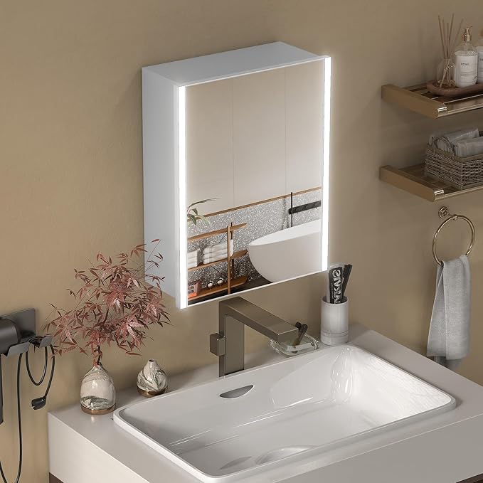 16x20 Inch Medicine Cabinet with LED Light Mirror, Brightneess Adjustable and Full-Assembled Bathroom Aluminum Cabinet with Storage, Surface or Recessed Tempered Cabinet, Farmhouse Sliver