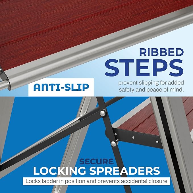 Step Ladder 4 Step Folding, Decorative - Beautiful Mahogany & Silver Aluminum, Ultra Slim Profile, Anti Slip Steps, Sturdy-Portable for Home, Office, Kitchen, Photography Use,by SORFEY