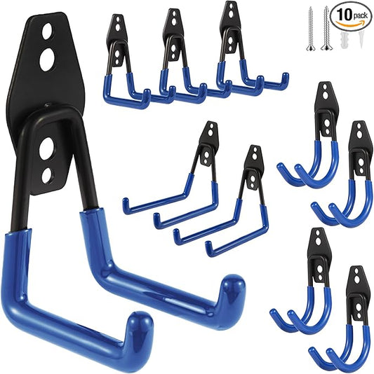 Steel Garage Hooks Wall Tool Organizer, 10 Pack Garage Storage Hook Heavy Duty Utility Storage Hangers Blue for Ladders, Ropes, Garden Tools