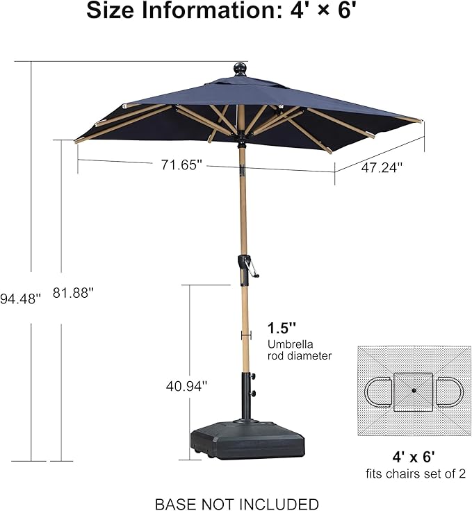 PURPLE LEAF 4' x 6' Market Umbrella Patio Umbrella Outdoor Table Umbrella Aluminum with Push Button Tilt & 8 Sturdy Ribs and Crank Rectangular Outdoor Umbrellas for Pool Backyard Beach, Navy Blue