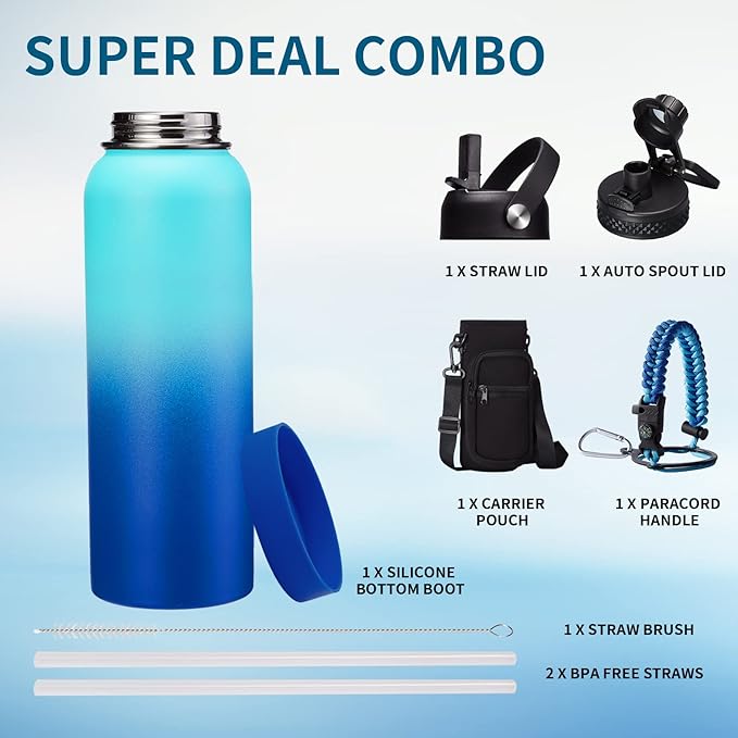 Metal Water Bottle 40oz - Stainless Steel Water Bottles with Straw Spout Lid, Sleeve Carry Strap, Vacuum Insulated, Leak Proof, BPA Free Water Jug, Modern Reusable Waterbottle Gym Biking Camping