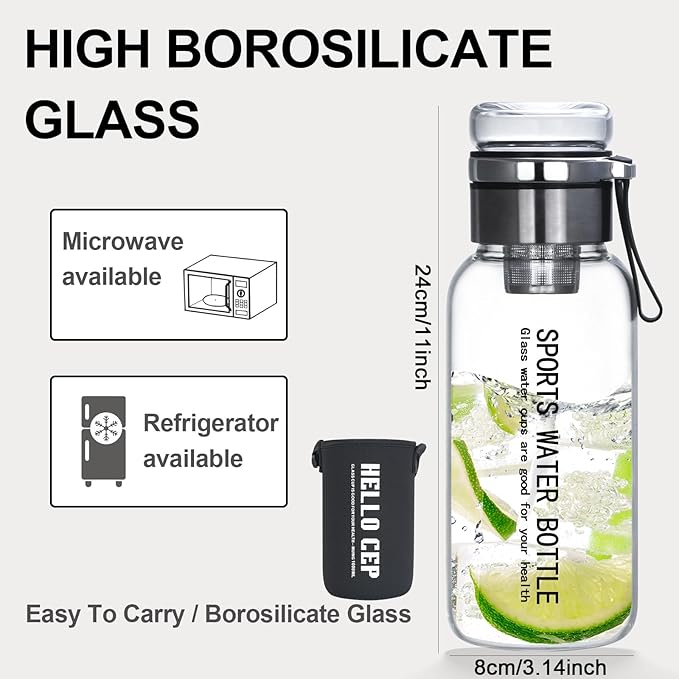 Glass Drinking Bottles,Borosilicate Sports water bottles, 34oz Capacity, With Stainless Steel Tea Strainer and Cup sleeve，Leak-Proof, BPA-Free, for Hot & Cold Beverages Tea, Juice(1PCS)