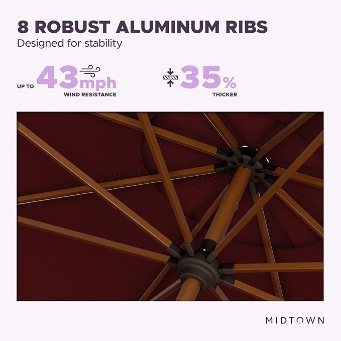 Midtown Umbrellas Sunbrella Umbrella Large Patio Umbrella 2-10 Feet in Burgundy Fabric, Auto-Tilt Aluminum Frame Backyard Umbrella, Deck Umbrella, Garden Umbrella & Porch Umbrella - Wooden Pole