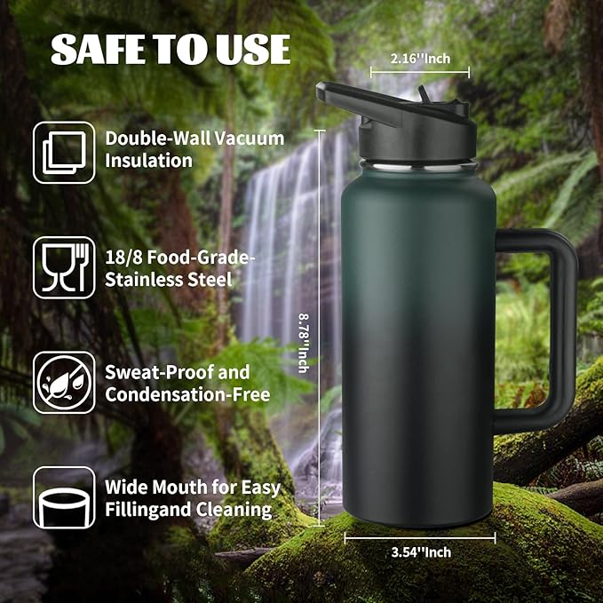 32oz Insulated Water Bottle with Handle, Stainless Steel Sports Metal Water Flask with Straw & 2 Leak Proof Lids, Double Walled Vacuum Wide Mouth Water Bottle for Travel,Camping,Gym (Dark Green Black)