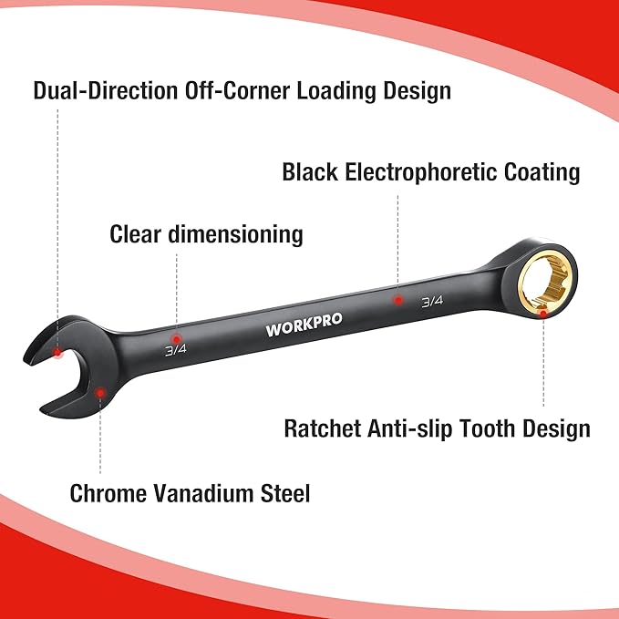 WORKPRO 9-Piece Anti-Slip Ratcheting Combination Wrench Set, SAE 1/4"-3/4", 72-Teeth, Cr-V Constructed, Black Ratchet Wrenches Set with Roll Up Pouch