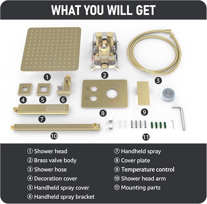 Iriber Brushed Gold Shower System Wall Mount with 12 Inch Rain Shower Head and Handheld Bathroom Champagne Bronze Shower Set Contain Shower Faucet Mixer Trim Kit (Valve Included)