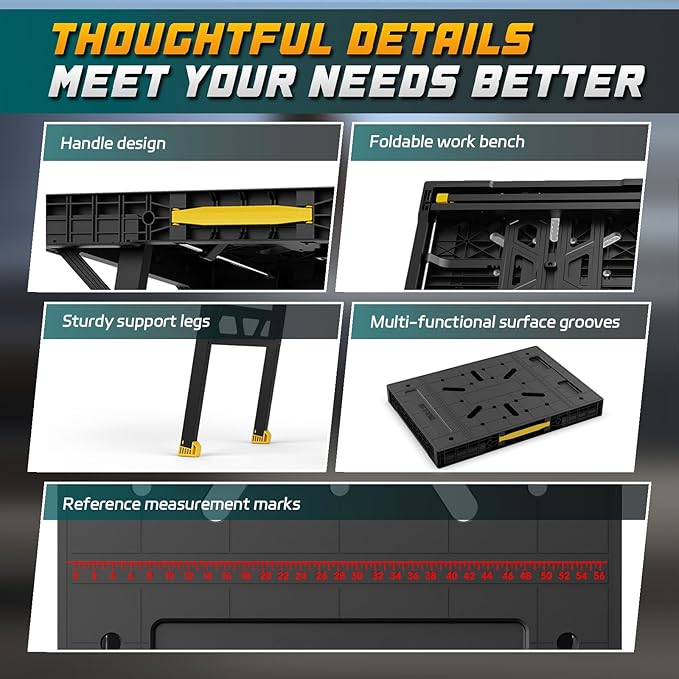 Express Folding Work Table, Easy Setup Portable Folding Work Table & Portable Folding Workbench, 34" W x 25" D x 31" H Lightweight Versatile Clamping Worktable for Garage/Wood Shop (Yellow)