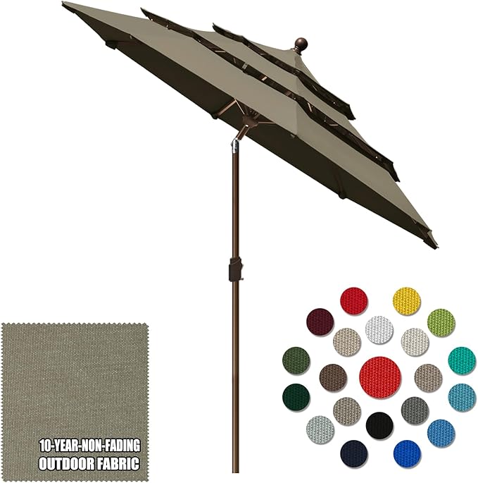 Eurmax USA 10-Year-Non-Fading 10Ft 3 Tiers Market Umbrella Outdoor Patio Umbrella Table Umbrella with 8 Ribs,Hand Crank and Ventilation (Taupe)