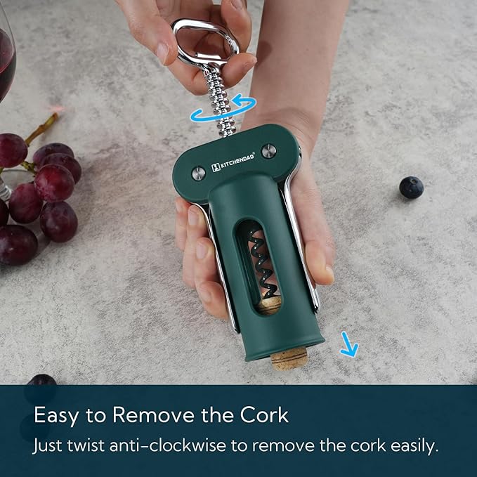 KITCHENDAO 3 in 1 Wing Corkscrew Wine Bottle Opener with Foil Cutter, Built-in Beer Bottle Opener, Multifunctional Wine Opener with Non-Stick Sharp Screw,Easy to Use, Manual Wine Corkscrew，Green