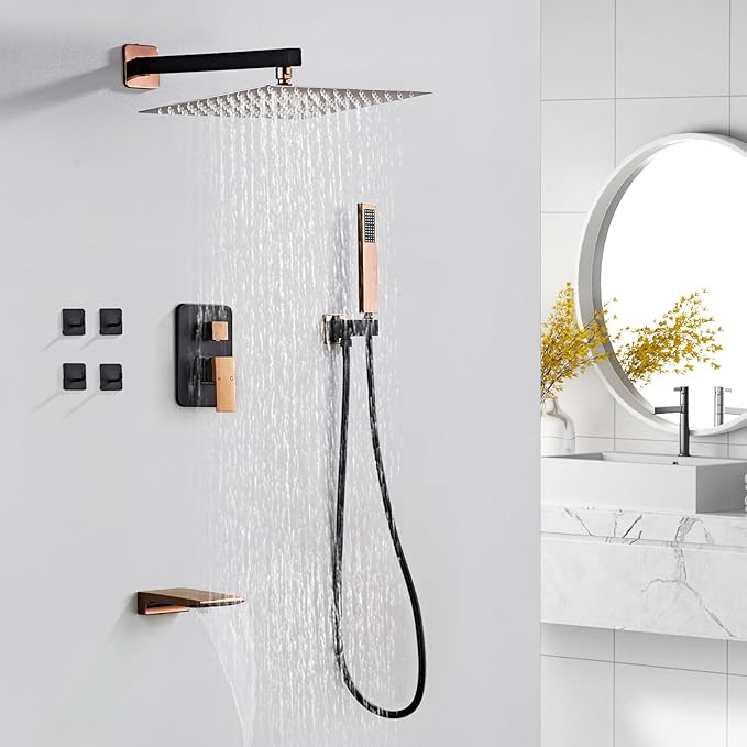 Shower Faucet Set Complete with Tub Spout Matte Black and Rose Gold Shower System with 10 inch Rainfall Shower Head and Handheld Shower Rain Shower Combo for Bathroom Wall Mounted