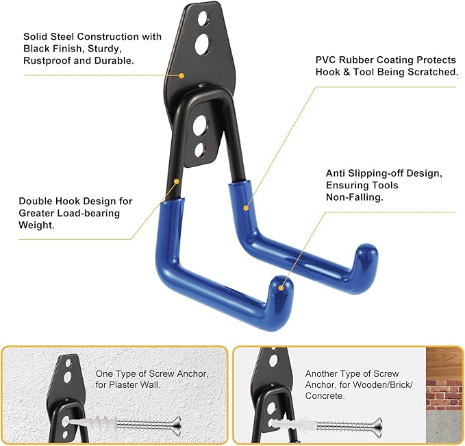 Steel Garage Hooks Wall Tool Organizer, 10 Pack Garage Storage Hook Heavy Duty Utility Storage Hangers Blue for Ladders, Ropes, Garden Tools