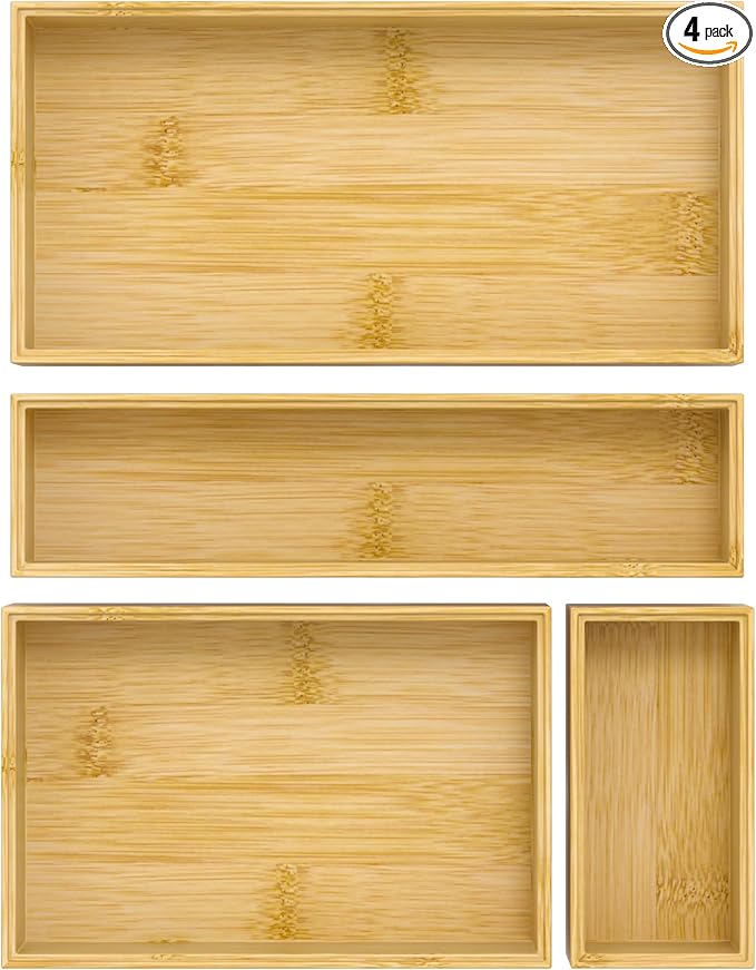 Silverware Bamboo Drawer Organizer Tray, 4 PCS Kitchen Drawer Organizer Storage for Utensil Cutlery, Bathroom, Office Desk, Makeup
