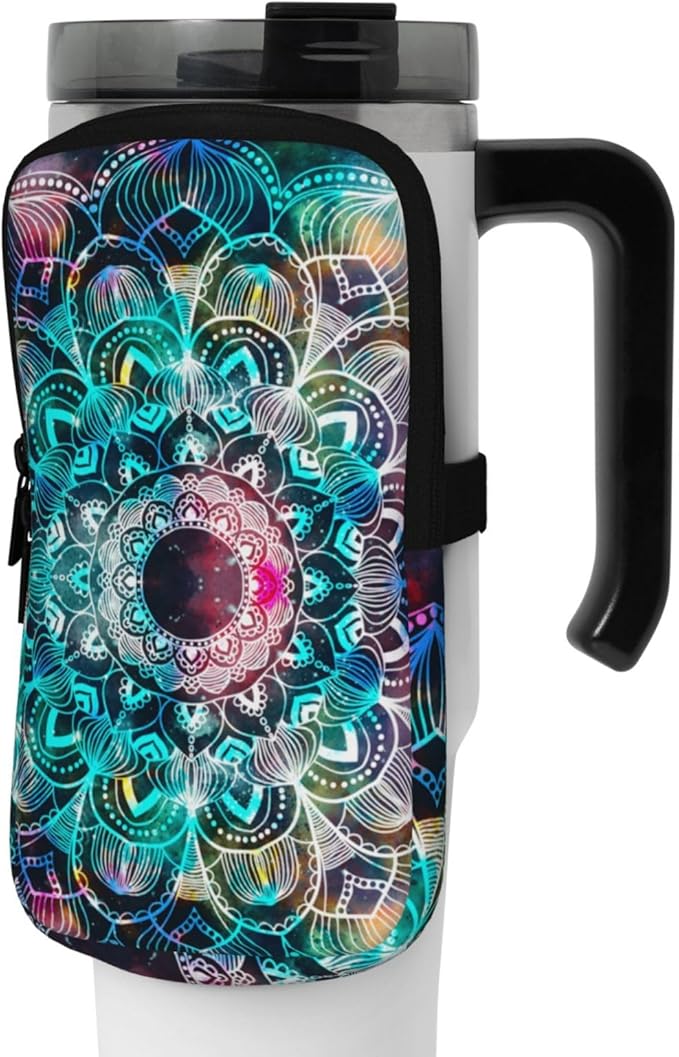 Galaxy Mandala Water Bottle Pouch for Stanley Cup 40oz 30oz,Personalized Gym Purse for Men Women, Tumbler Pouch with Versatile Pocket Water Bottle Bag for Cards, Keys, Phone