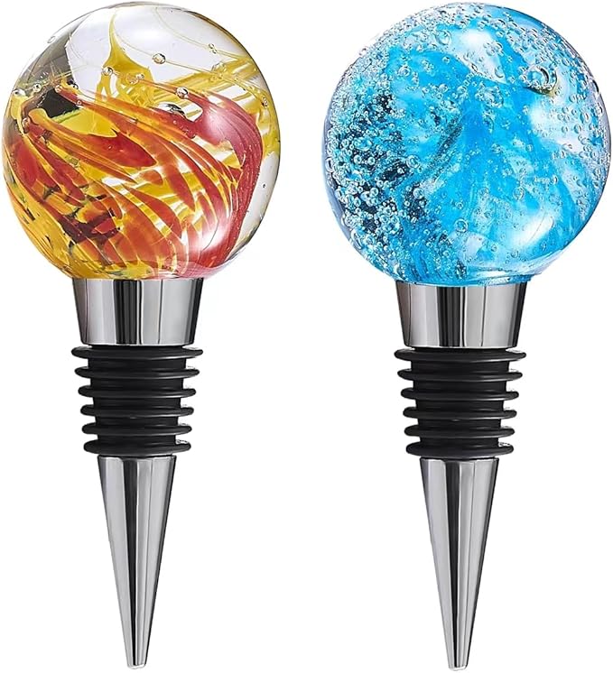 Hand Blown Glass Wine Stopper Bottle Stopper 2PCS - Wine Saver, Reusable Wine Corks for Beverage, Stainless Steel Wine Stopper