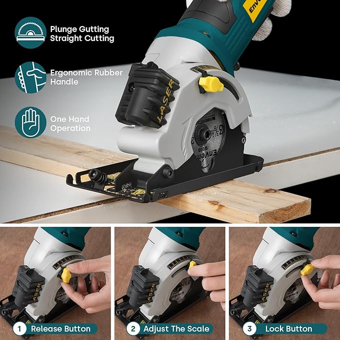 Enventor Mini Circular Saw, 4.8A Electric Circular Saws Corded with Laser Guide, 4000RPM, 3 Saw Blades 3-3/8" Max Cutting Depth 1-1/16", Compact, Power for Wood, Soft Metal, Tile, Plastic