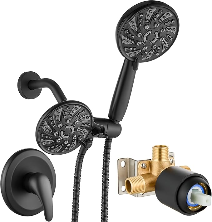 gotonovo Dual 2 in 1 Shower Head Kit High Pressure Combo System Shower Faucet 6 Modes ABS Handheld Spray Shower Trim Kit with Valve Shower Head and Handle Set Matte Black
