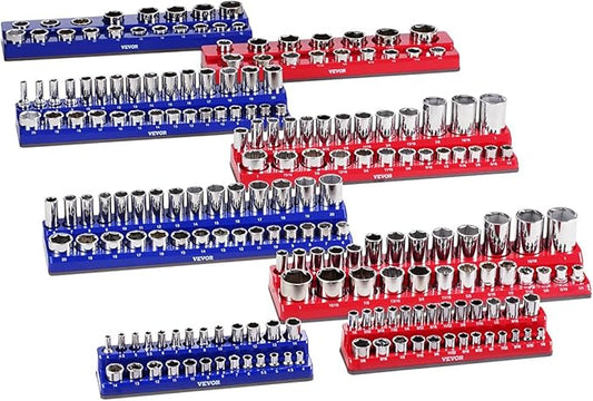 VEVOR Magnetic Socket Organizer Set, 8PCS Socket Holder, 1/4'', 3/8'' & 1/2'' Metric SAE Socket Trays with Clear Labels, Hold up to 199PCS Standard & Deep Sockets, Blaue & Red (Sockets Not Included)