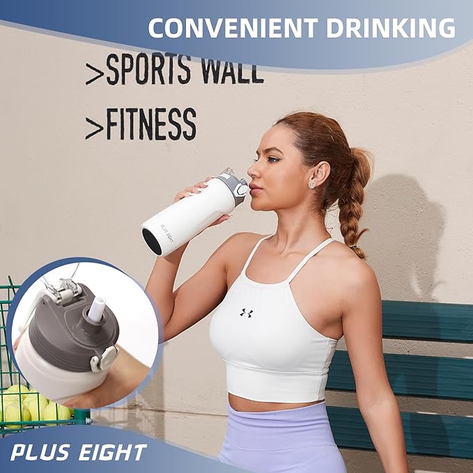 Sports Water Bottle, 25 oz Insulated Water Bottle With Straw, Stainless Steel Water Bottle Wide Mouth for Sports, Gym or Office, BPA-Free Keep Cold 24H Hot 12H (White)