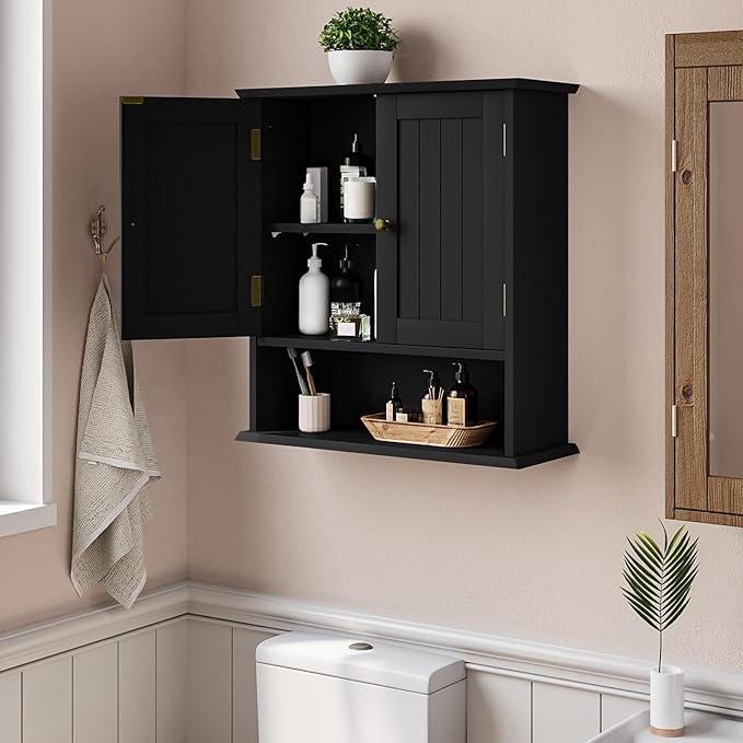 Smuxee Black Wall Cabinet, Small, 2-Door Medicine Cabinet with Adjustable Shelves, Over Toilet, For Kitchen and Laundry Rooms