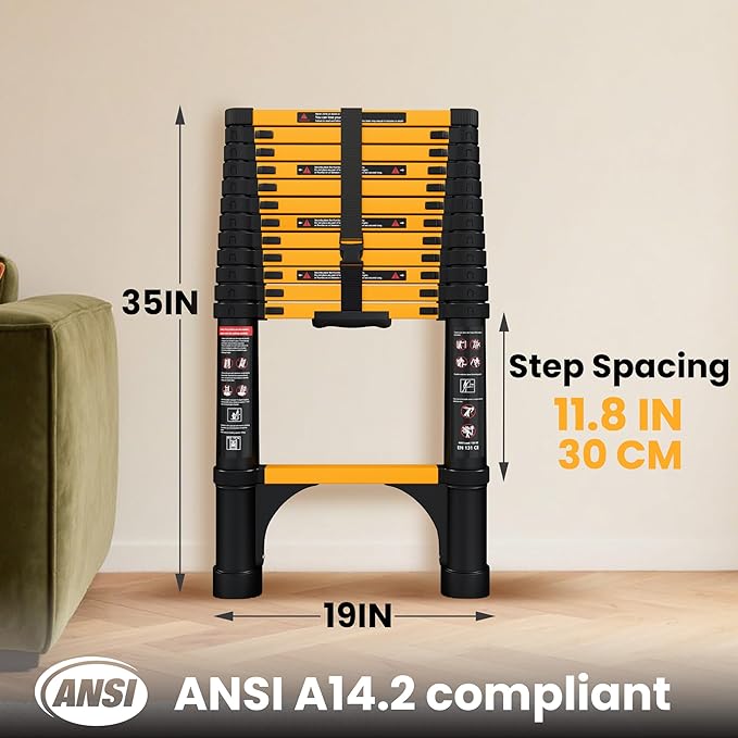 12.5 FT Telescoping Ladder, ANSI Certified, Type I Heavy Duty, 330lbs Max Capacity, Aluminum Extension Ladder for Home, Roof, RV; Yellow