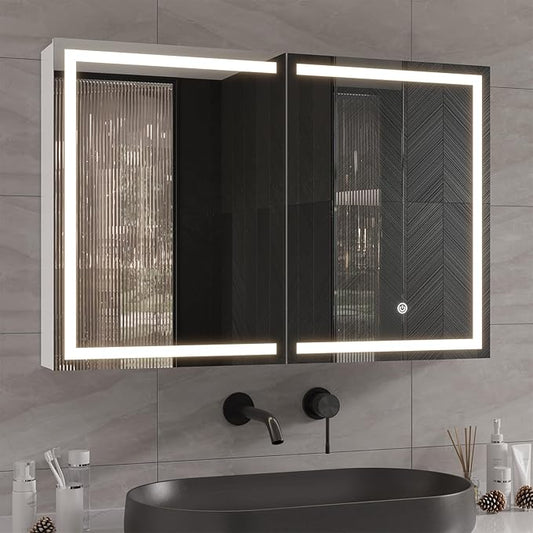 DICTAC Medicine Cabinet with Mirror and LED Light, Wall Mounted Bathroom Mirror with Storage, 2 Doors Bathroom Wall Cabinet, Memory Dimmable 3 Color Temp, Adjustable Shelves, 35.4''x23.6''