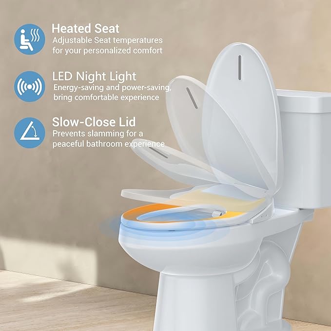 Electric Bidet Toilet Seats, Heated Seat with Warm Water, Night Light, Slow-Close Lid, Self-Cleaning Nozzles, Easy Installation