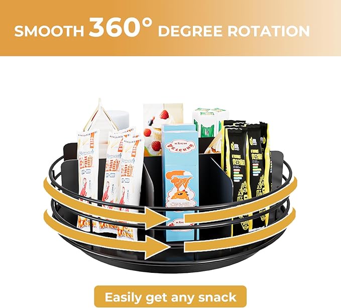Snack Organizer - Versatile Snack Storage, Lazy Susan with Convenient Grab-and-Go Design, Metal Snack Holder for Home, Office, Breakroom, 11.85" L x 11.85" W x 4.17" H (Matte Black)