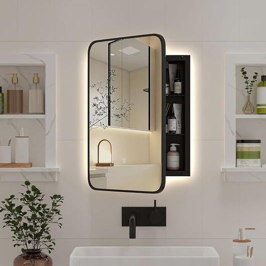 Metal Recessed Medicine Cabinets for Bathroom Medicine Cabinet with Mirror,Black Medicine Cabinet with Light,3 Color Lighted Medicine Cabinets Wall Mounted,Bathroom Mirror with Storage 16x24