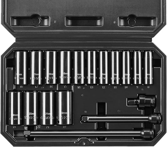 VEVOR Drive Impact Socket Set 3/8" - 18 Piece Deep Socket Set Metric 8-22mm - 6 Point CR-V Alloy Steel for Auto Repair - Easy-to-Read Size Markings - Rugged Construction Includes Storage Case