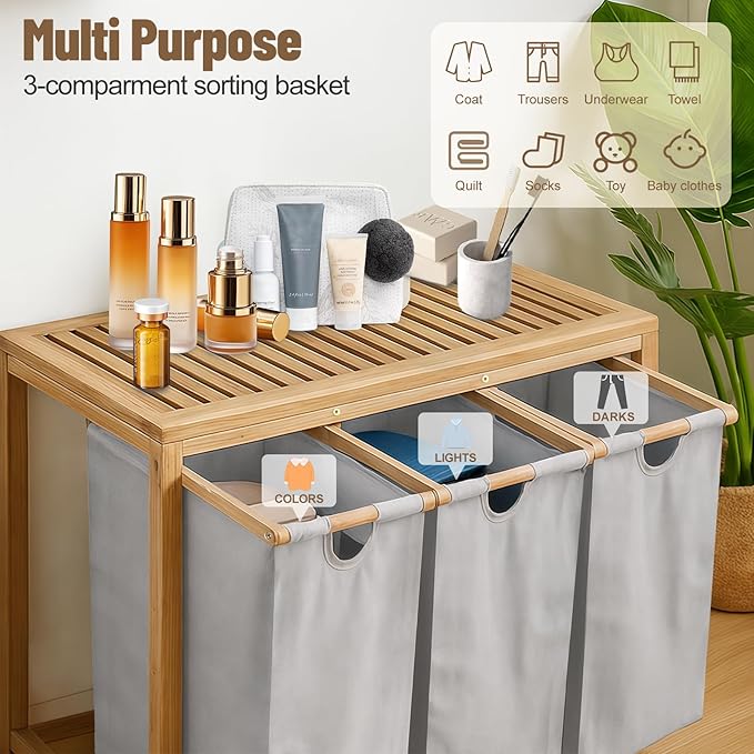 Bamboo Laundry Hamper 3 Section with Lid, 150 L Laundry Sorter with Pull-Out Removable Washable Bags, 3 × 12.5 Gal Divided Laundry Baskets for Laundry Room, Bathroom (Gray)