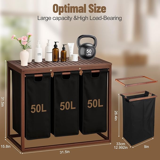 Bamboo Laundry Hamper 3 Section with Lid, 150 L Laundry Sorter with Pull-Out Removable Washable Bags, 3 × 12.5 Gal Divided Laundry Baskets for Laundry Room, Bathroom (Black)