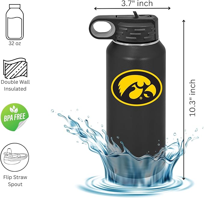 Game Day Outfitters University of Iowa 32oz Stainless Steel Double Walled Black Beverage Bottle with Flip Straw Spout - College Gear for Playoff Season – Show your Hawkeye Pride