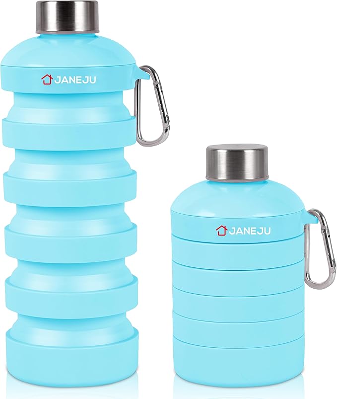 JaneJu Collapsible Water Bottle, 32oz BPA Free Silicone Reusable Portable Lightweight Foldable Water Bottles with Carabiner, Leak Proof Sports Water Bottle with Stainless Twist Cap (Blue)