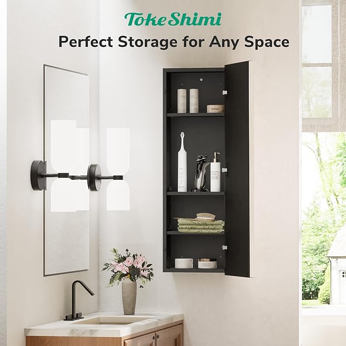 TokeShimi 12x36 Recessed Medicine Cabinet with Mirror Surface Mount, Bathroom Beveled Mirror with Storage Adjustable, Aluminum Framed Metal Brushed Nickel Medicine Cabinet Mirrored