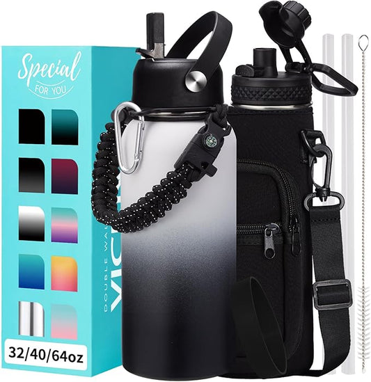 Metal Water Bottle 32 oz - Insulated Water Bottles Keep Cold 48H Hot 24H, Large Waterbottle with Strap, Straw & Spout Lid, Protective Boot, Wide Mouth Stainless Steel Thermo Jug Flask Sport Office
