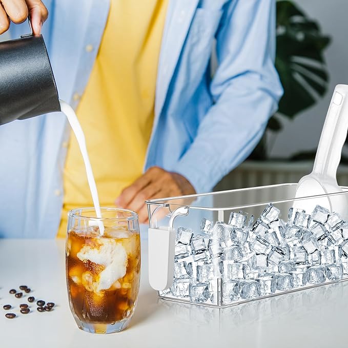 Havawish 2 Set Ice Bin and Flexible Scoop Set Plastic Freezer Ice Bin with Pull out Handle Clear Ice Storage Ice Bucket for Freezer Ice Container with Ice Bucket Scoop Kitchen (10.83 x 4.92 x 4.33 in)