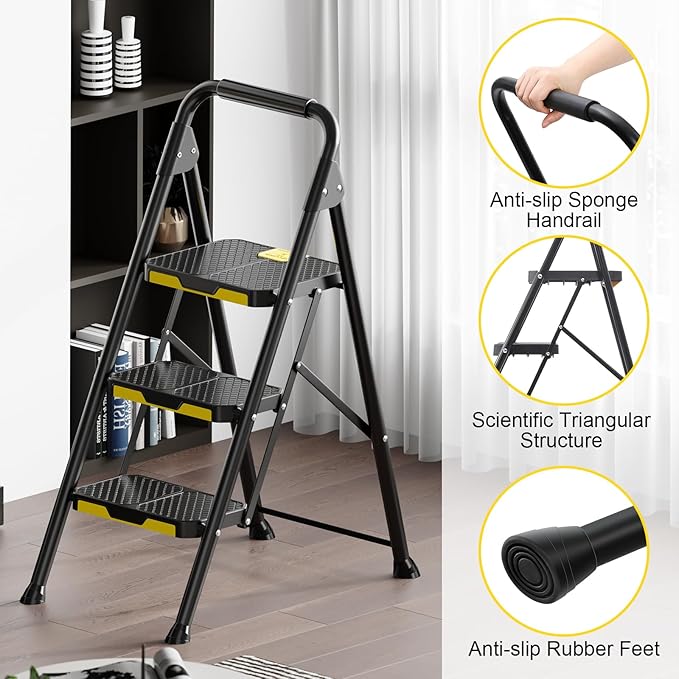 KINGRACK 3 Step Ladder, Sturdy Steel Step Stool with Safe-Lock Design, Handrail, Anti-Slip Wide Pedals, Pass 800lbs Load Testing, Folding Portable Ladder for Multi-Purpose, Home, Kitchen, Black