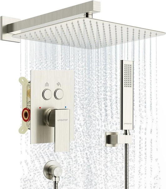 Shower System Shower Faucet Set with Push-Button Diverter and Wall Supply Elbow 12 Inch Shower Head Brushed Nickel