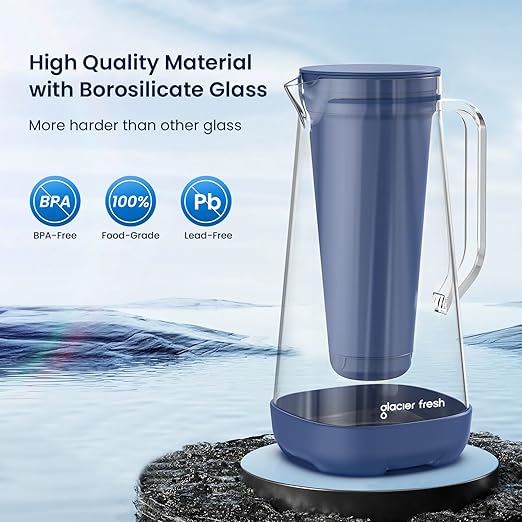 GLACIER FRESH Glass Water Pitcher for Tap and Drinking Water with Membrane and Activated Filter, Reduces Chlorine and Lead Taste, Food Grade and BPA Free Materials, 7-Cup, Blue