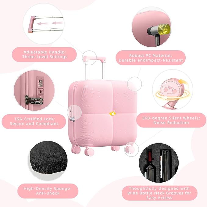 Wine Suitcase, 6 Bottle Wine Luggage, Durable Wine Travel Case, Fly With Wine Suitcase with TSA Lock, Versatile Wine Carrier with Removable Inserts and Silent Spinner Wheels（Pink）