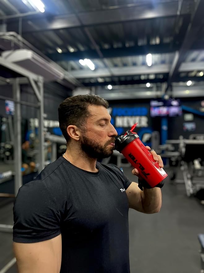 Protein Shaker Bottle – Shaker Bottle for Protein Mixes and Supplement Shakes, Protein Shaker Cup, Stainless Steel Shaker Ball Wire Whisk (Red, 24 - Ounce)