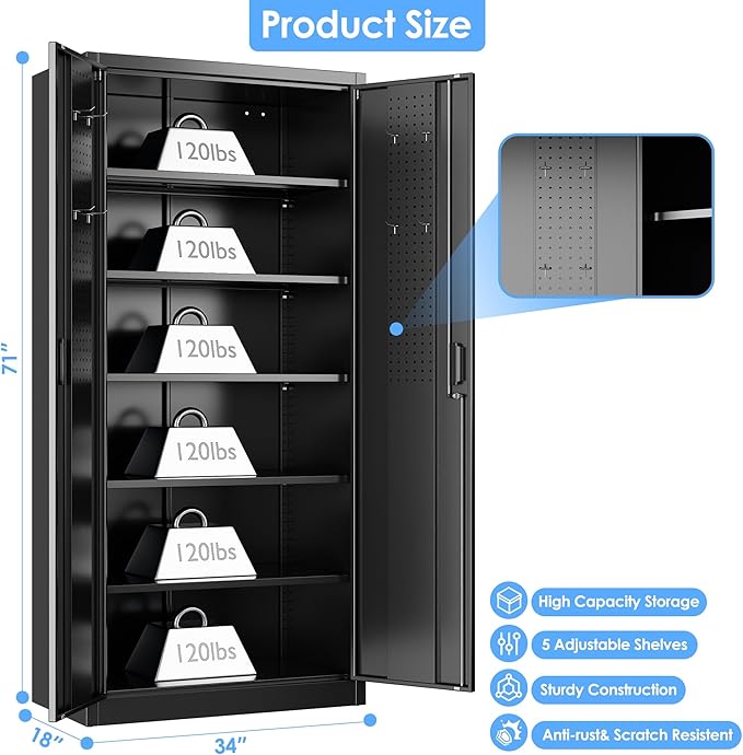 71" H Metal Garage Cabinet with Pegboards and Hooks,Tool Storage Cabinet with 2 Doors and 5 Adjustable Shelves for Office, Home, Garage, Gym, School, Assembly Required,Black